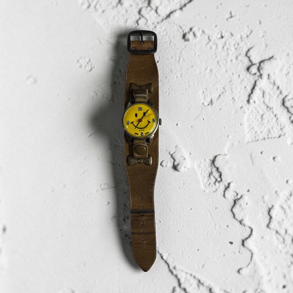 Vintage ATC Smiley Face Watch Brown Leather Cuff Strap Swiss Made Manual Wind